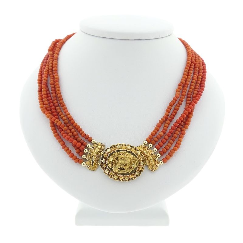 Image 1 of Antique necklace with blood coral and gold cap bell.