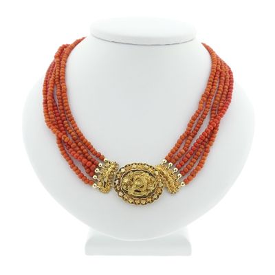Antique necklace with blood coral and gold cap bell. Image 1 of Antique necklace with blood coral and gold cap bell.