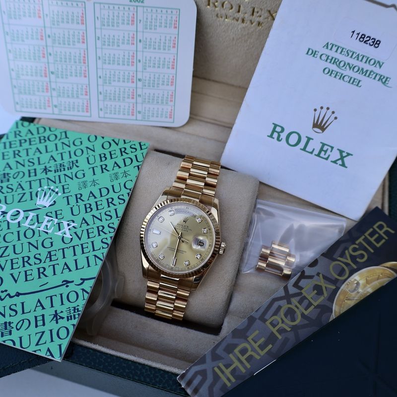 Image 33 of Rolex Day-Date 36mm 'Diamond Dial' 118238; 18k. Gold watch in full set