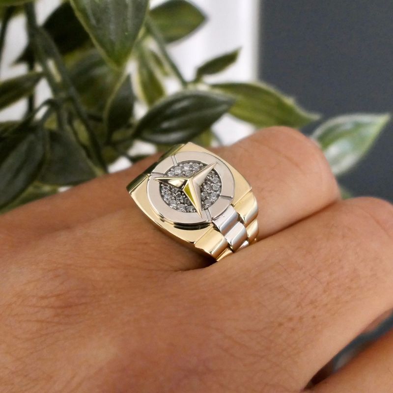 Image 10 of Bicolor Gold Mercedes Benz Men's Ring with Zirconia