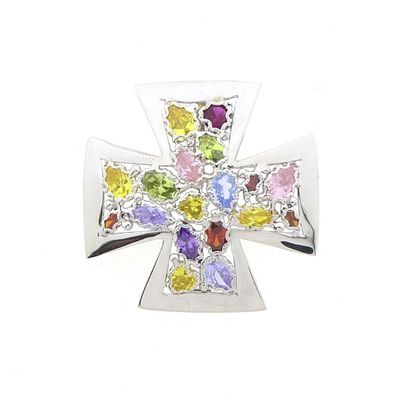 Image 1 of White gold Maltese cross pendant with a mix of gemstones