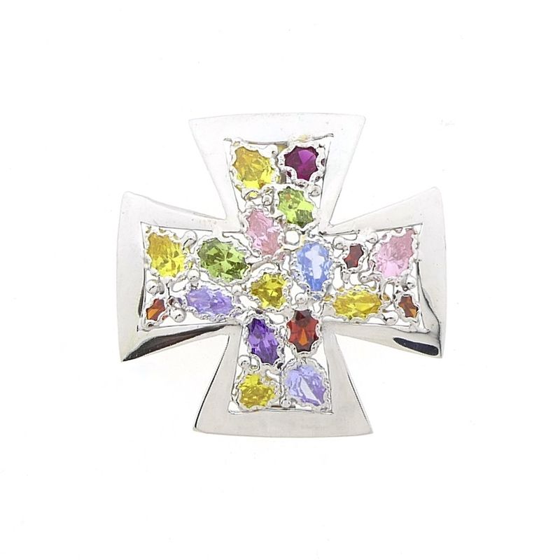 Image 1 of White gold Maltese cross pendant with a mix of gemstones