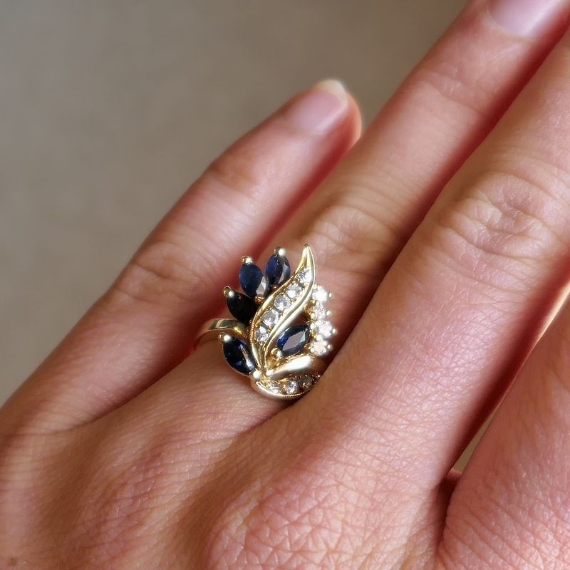 Image 6 of Gold ring with sapphire and diamond; 0.18 ct.
