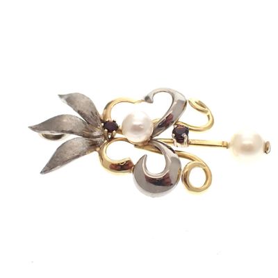 Image 2 of Two-tone gold pendant of a French lily with pearl and garnet