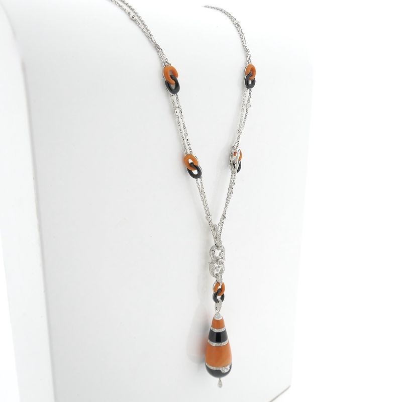 Image 4 of White gold necklace with fixed pendant with onyx, blood coral and diamond 0.74 ct.