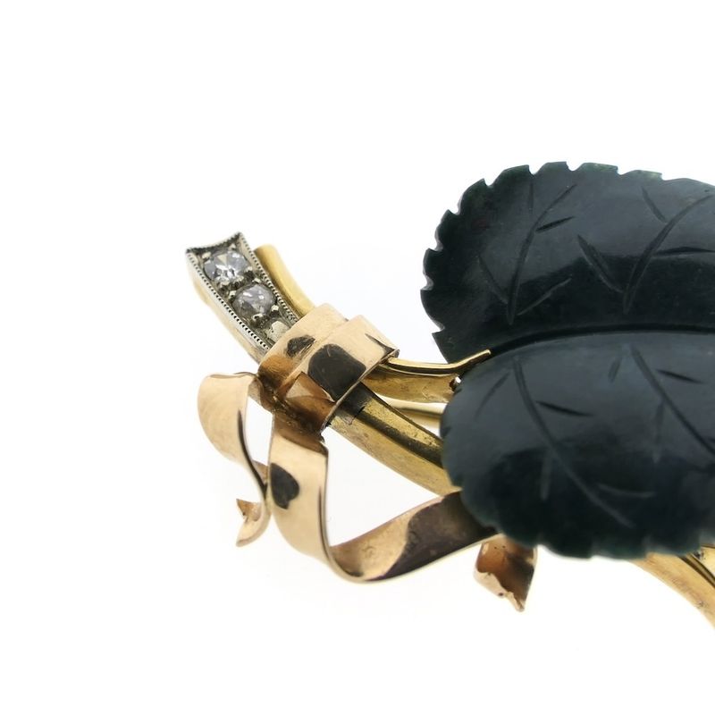 Image 3 of Tricolor gold brooch with colored glass, jade and diamond; 0.14 ct.