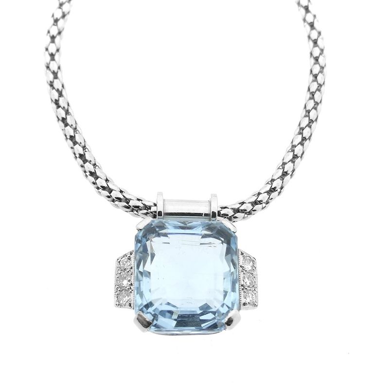 Image 5 of Fope white gold mesh link necklace with aquamarine and diamonds; 0.24 ct.