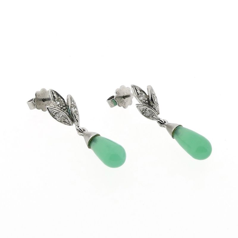 Image 1 of Vintage white gold stud earrings with jade and diamond 0.12 ct.