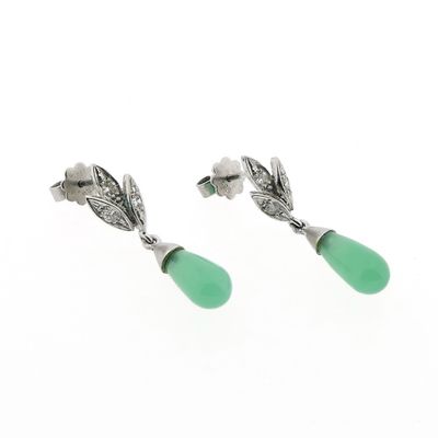 Vintage white gold stud earrings with jade and diamond 0.12 ct. Image 1 of Vintage white gold stud earrings with jade and diamond 0.12 ct.