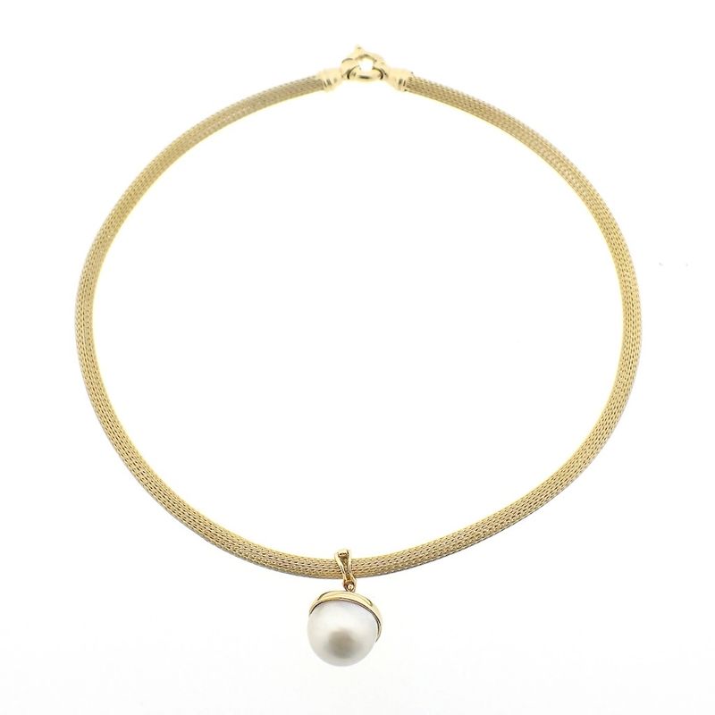Image 8 of Gold mesh link necklace with pearl pendant