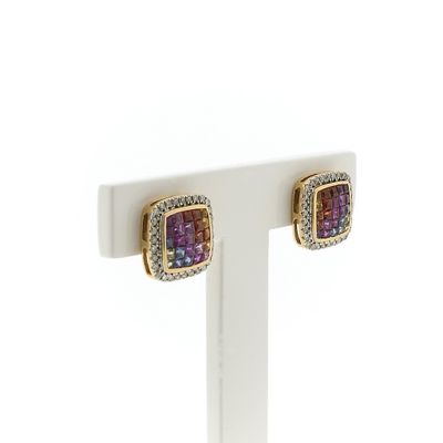 Gold stud earrings with colored sapphire and diamonds | 0.30 ct. Image 1 of Gold stud earrings with colored sapphire and diamonds | 0.30 ct.