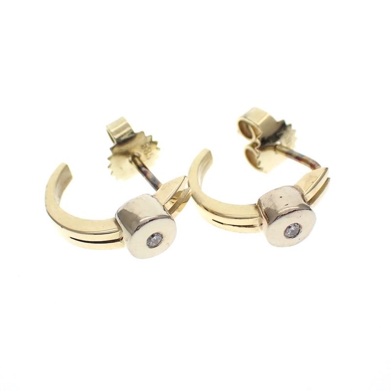 Image 1 of Bicolor gold semi-circular stud earrings with diamond; 0.02 ct.