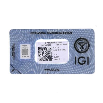 0.71 ct. Brilliant cut diamond; Color J; Quality SI2 + IGI Certificate Image 2 of 0.71 ct. Brilliant cut diamond; Color J; Quality SI2 + IGI Certificate