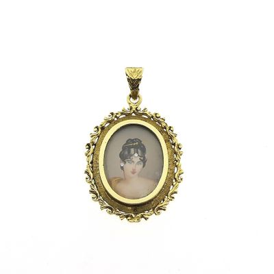 Antique two-tone gold pendant with enamel portrait Image 1 of Antique two-tone gold pendant with enamel portrait