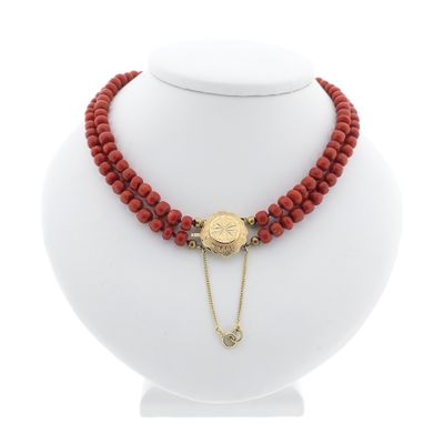 Antique blood coral bead necklace with gold clasp. Image 1 of Antique blood coral bead necklace with gold clasp.