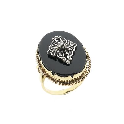 Image 1 of Antique Victorian gold and silver ring with onyx and diamond 0.04 ct.
