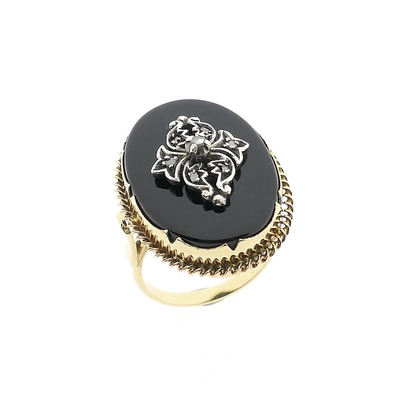 Image 1 of Antique Victorian gold and silver ring with onyx and diamond 0.04 ct.