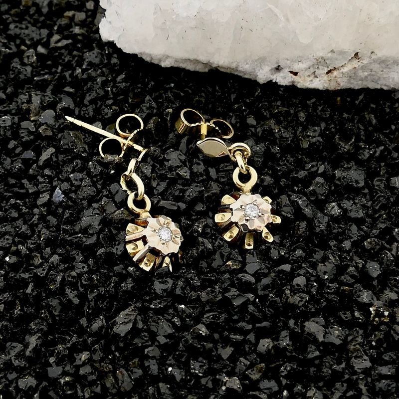 Image 2 of Bicolor Gold Earrings with Floral Pendant and Diamonds