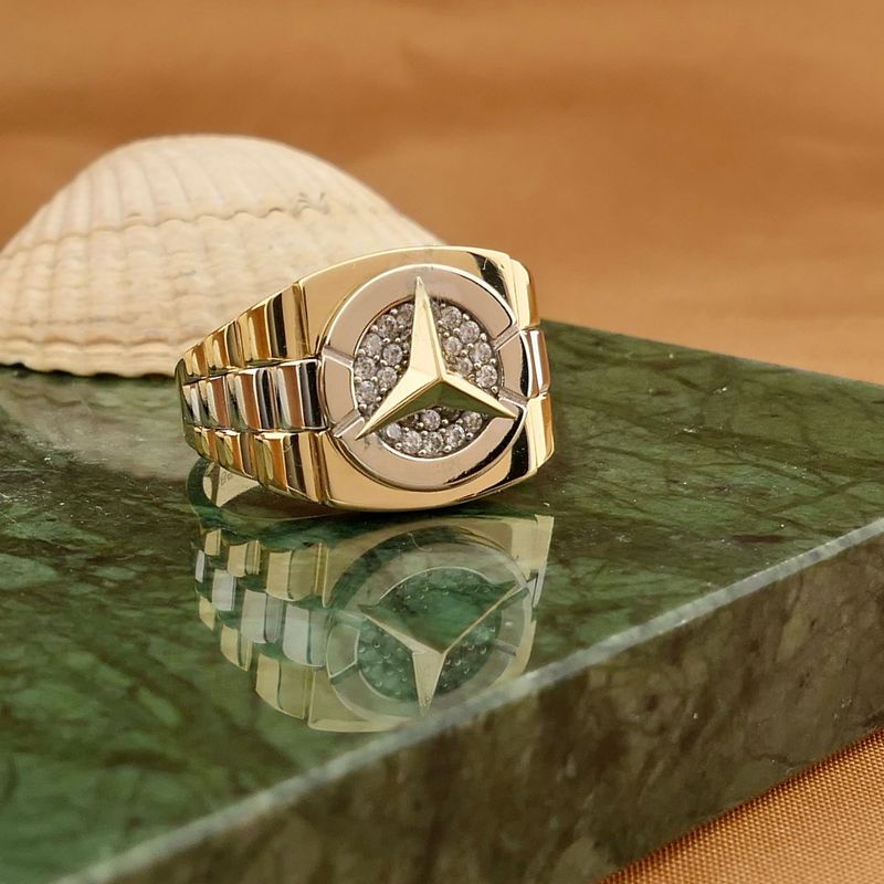 Image 2 of Bicolor Gold Mercedes Benz Men's Ring with Zirconia