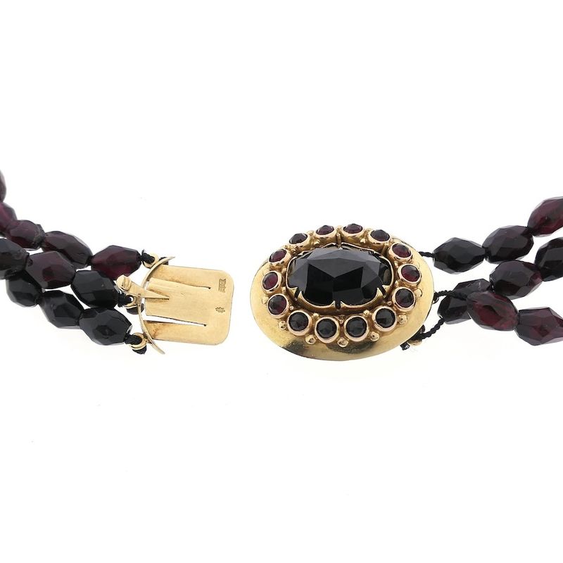 Image 6 of Antique garnet bead necklace with gold decorative clasp.