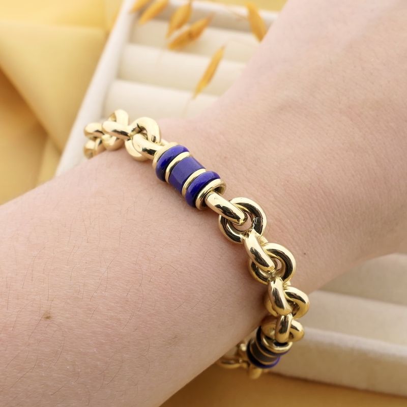 Image 8 of Vintage gold jasseron link bracelet with lapis lazuli