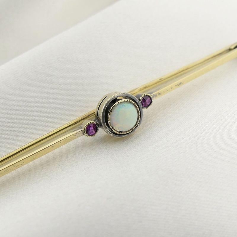Image 11 of Vintage long gold brooch with opal and ruby