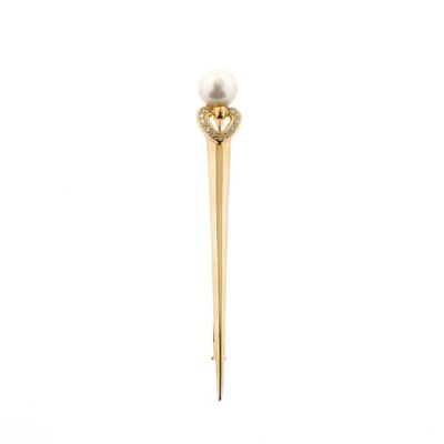 Image 1 of Gold long brooch with pearl and diamonds; 0.055 ct.