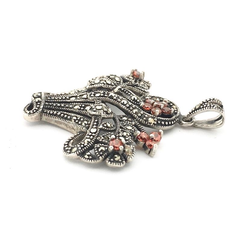 Image 4 of Silver pendant with orange zirconia and marcasite; floral bouquet