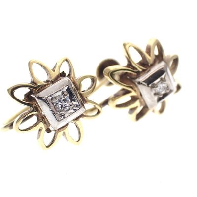 Image 2 of Two-tone gold vintage clip-on earrings with a floral design | 0.06 ct diamond.