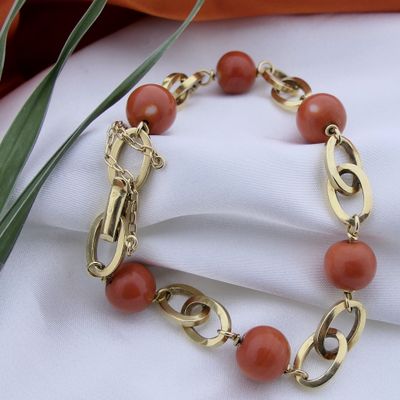Image 2 of Antique gold bracelet with blood coral beads.