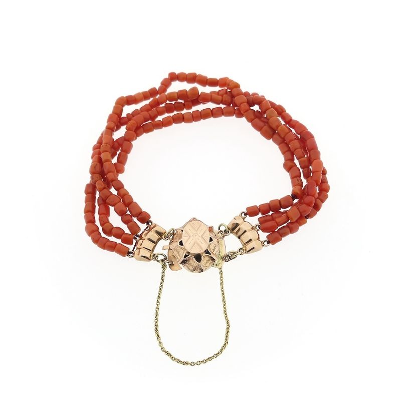 Image 3 of Antique red coral beaded bracelet with bicolor gold clasp.