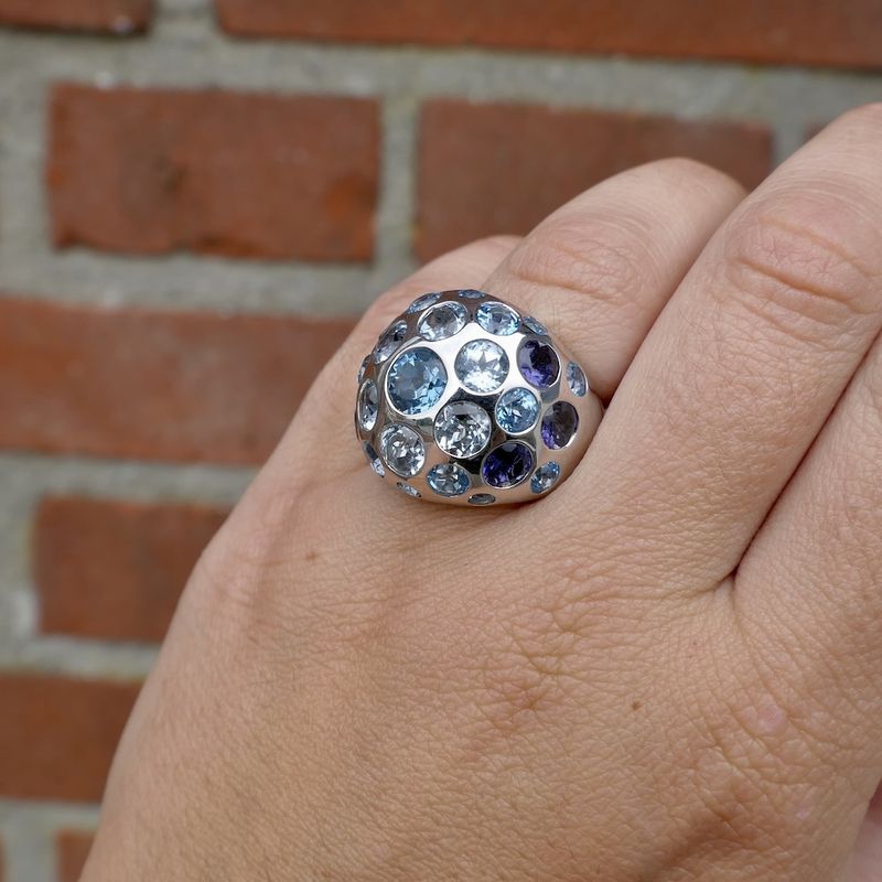 Image 2 of White gold domed ring with aquamarine and amethyst