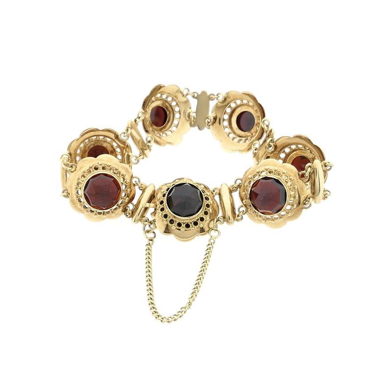 Afbeelding 4 van Antiek gouden bootjes armband met granaat | 18,5 cm