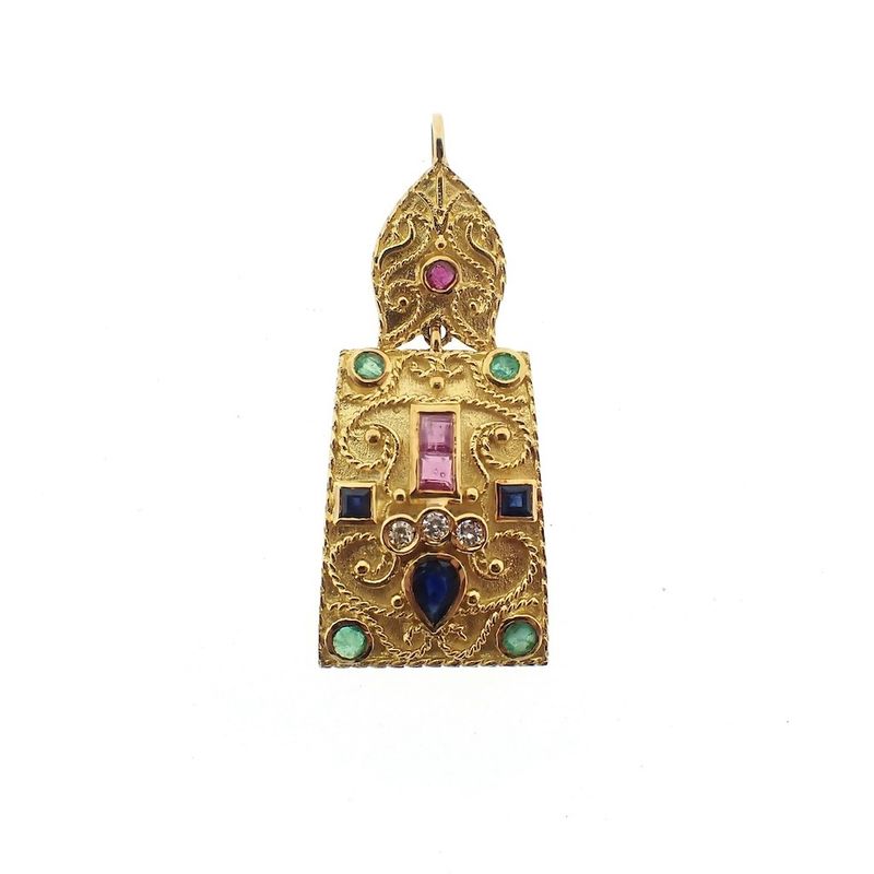 Image 1 of 18-karat gold oriental pendant | diamond, ruby, sapphire, and emerald