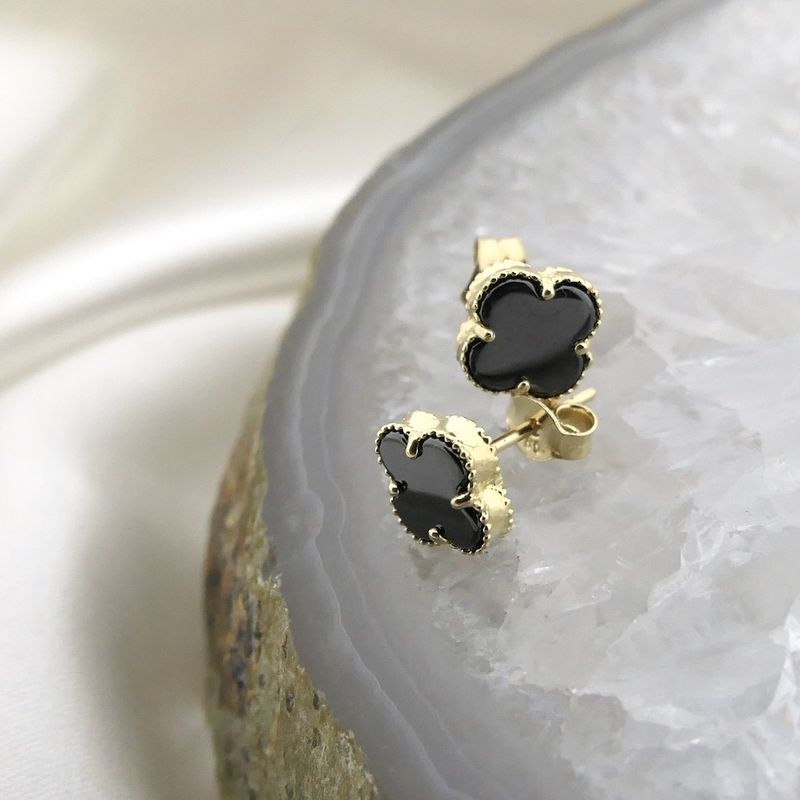 Image 2 of Golden clover 4 stud earrings with onyx