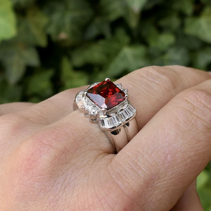 Image 9 of Silver cluster ring with red zirconia.