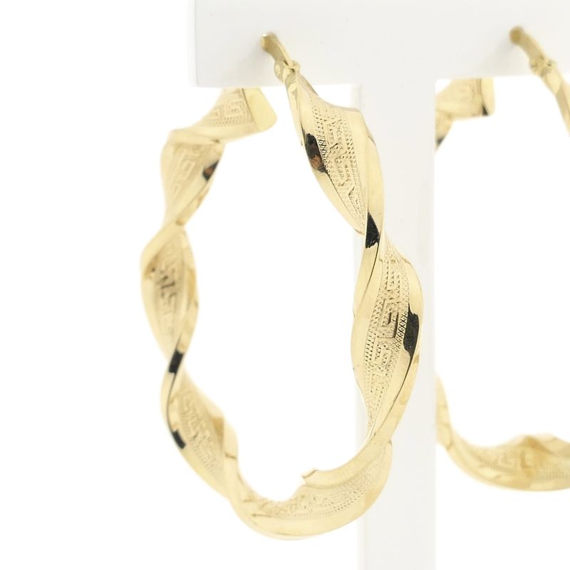 Image 4 of Gold Spiral Hoop Earrings with Greek Symbols; Ø 51 mm