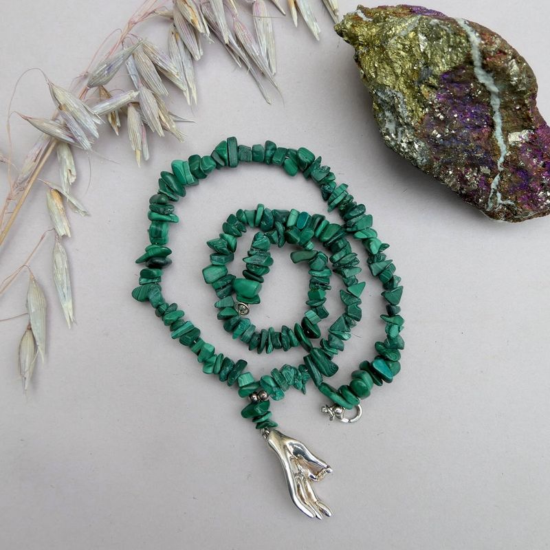 Image 2 of Malachite bead necklace with silver pendant and clasp