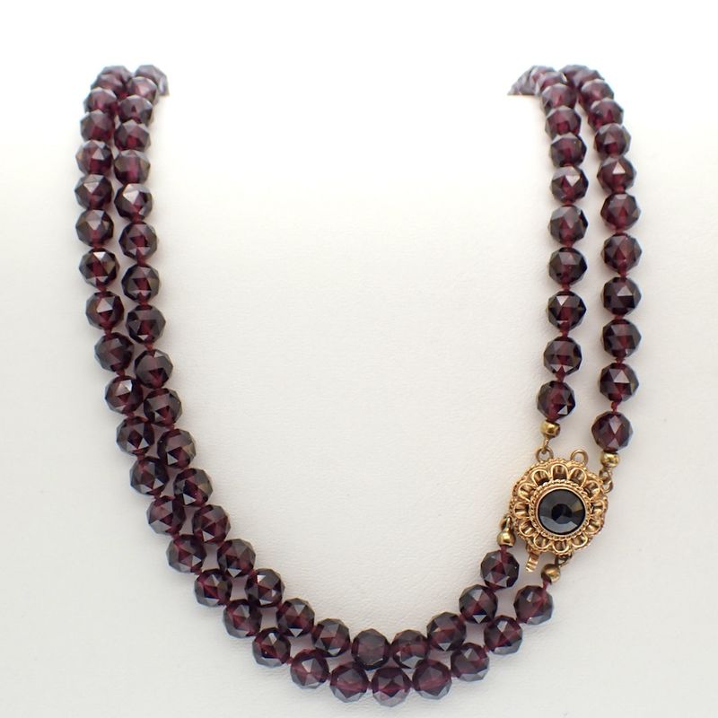 Image 1 of Long garnet bead necklace with a gold clasp; Antique | 77 cm