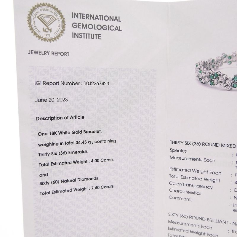 Image 37 of Exclusive white gold bracelet with emerald and diamond; 7.40 ct. + IGI Certificate