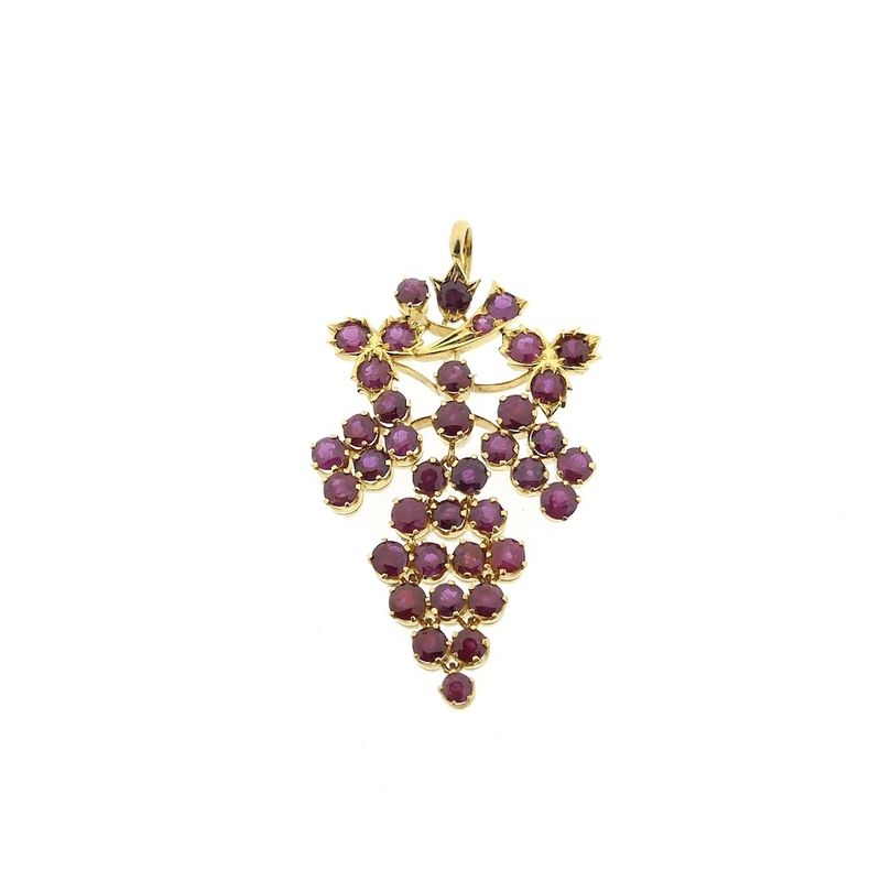 Image 1 of Gold bunch of grapes pendant with ruby