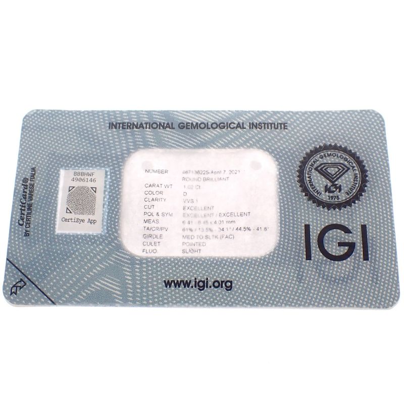 Image 4 of 1.02 ct. Brilliant cut diamond D VVS 1 + IGI Certificate