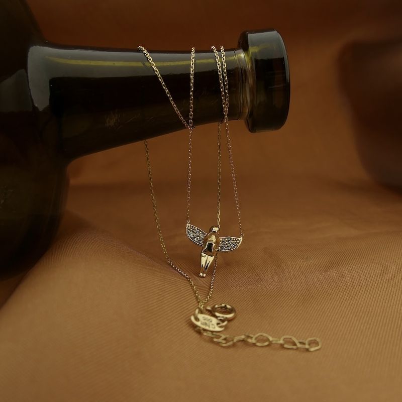 Image 2 of Gold anchor link necklace with a fixed pendant; Angel with zirconia | 45 cm