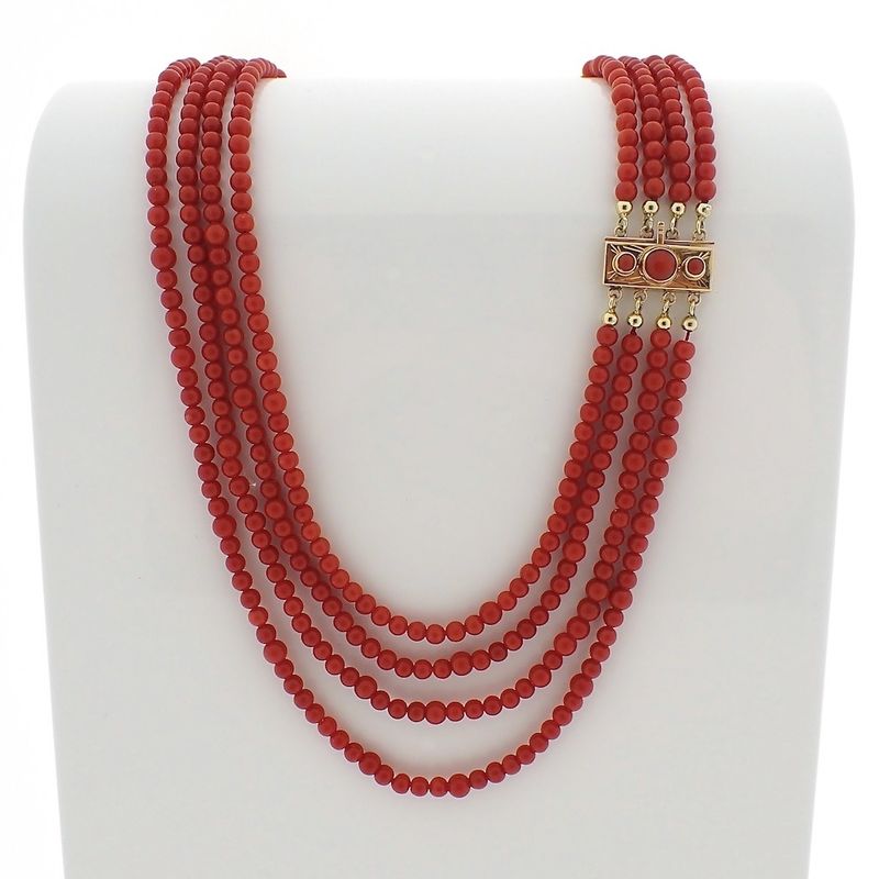 Image 1 of Blood coral bead necklace with gold clasp; Antique | 43 cm