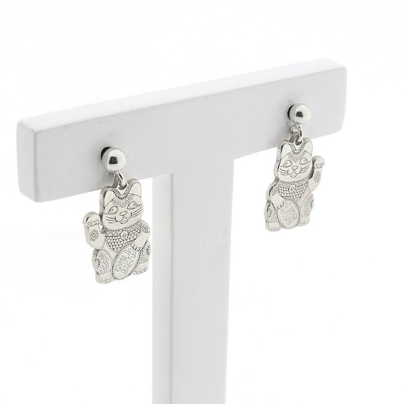 Image 5 of Silver earrings of a Chinese lucky cat; Maneki-neko