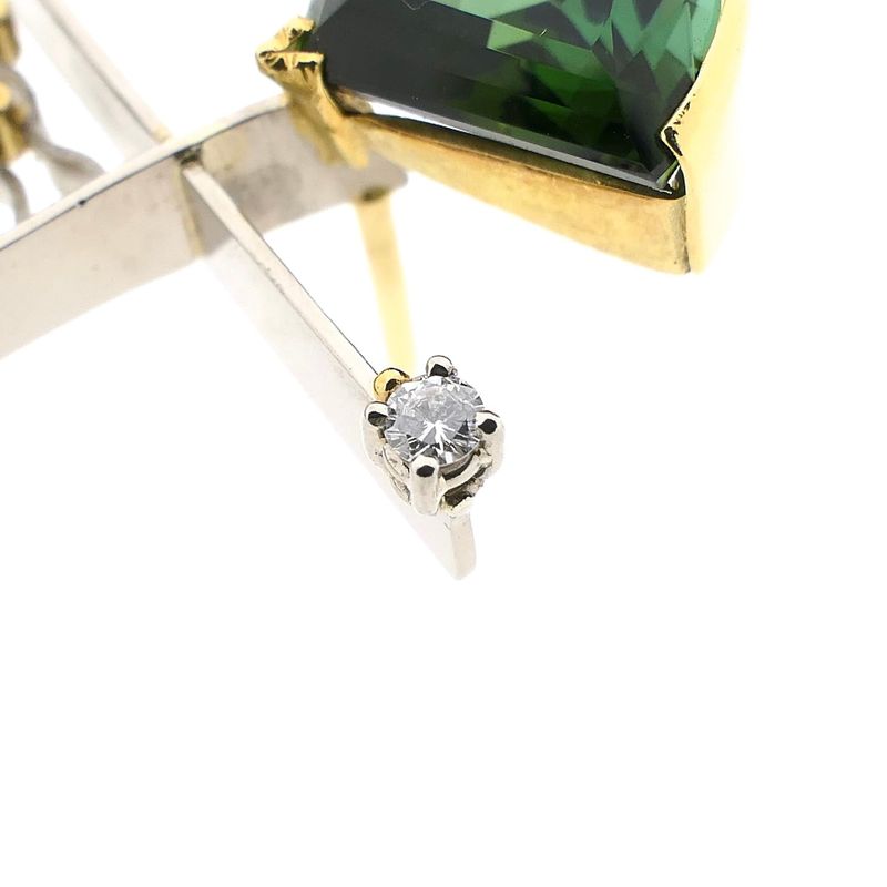 Image 10 of Bicolor Gold Brooch with Green Tourmaline and Diamond; 0.05 ct.; 14 Karat