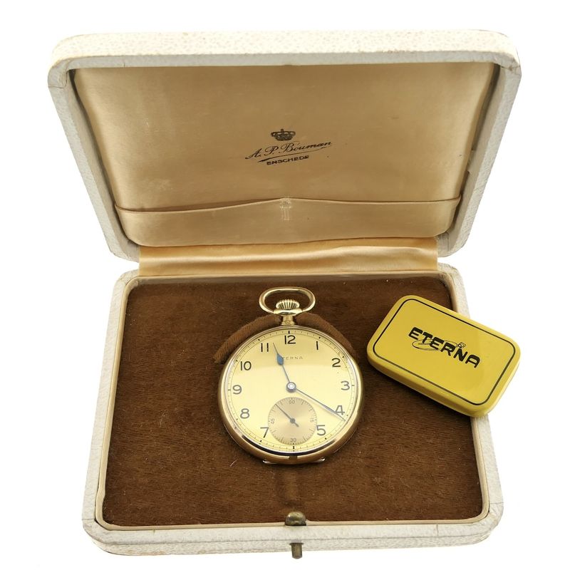 Image 9 of Eterna 14k gold pocket watch 1949; Royal Textile Factory C.T. Stork