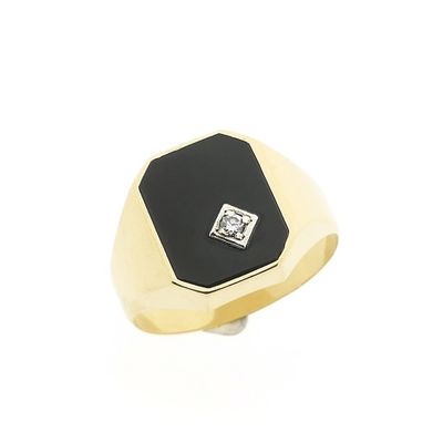 Image 1 of Gold men's signet ring with onyx and diamond | 0.02 ct.