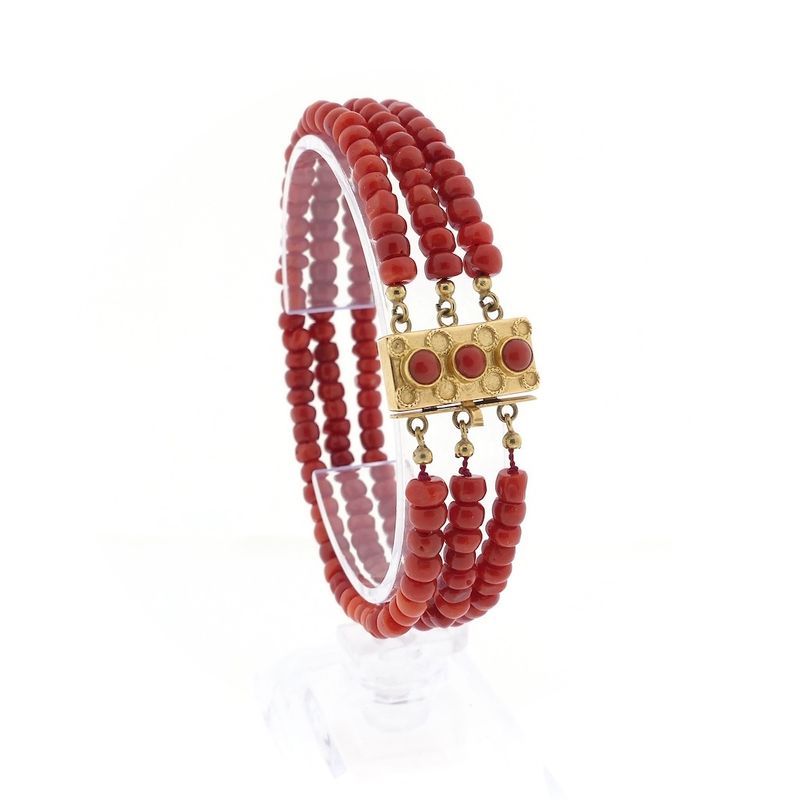 Image 1 of Antique red coral beaded bracelet with gold clasp.
