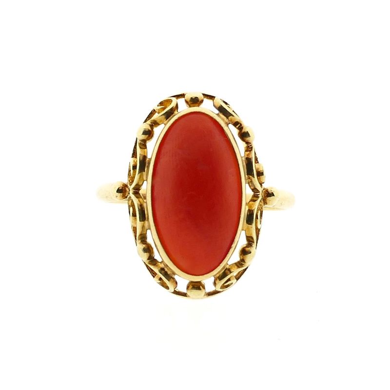Image 3 of Vintage Gold Ring with Blood Coral; 14 Karat; Size 19